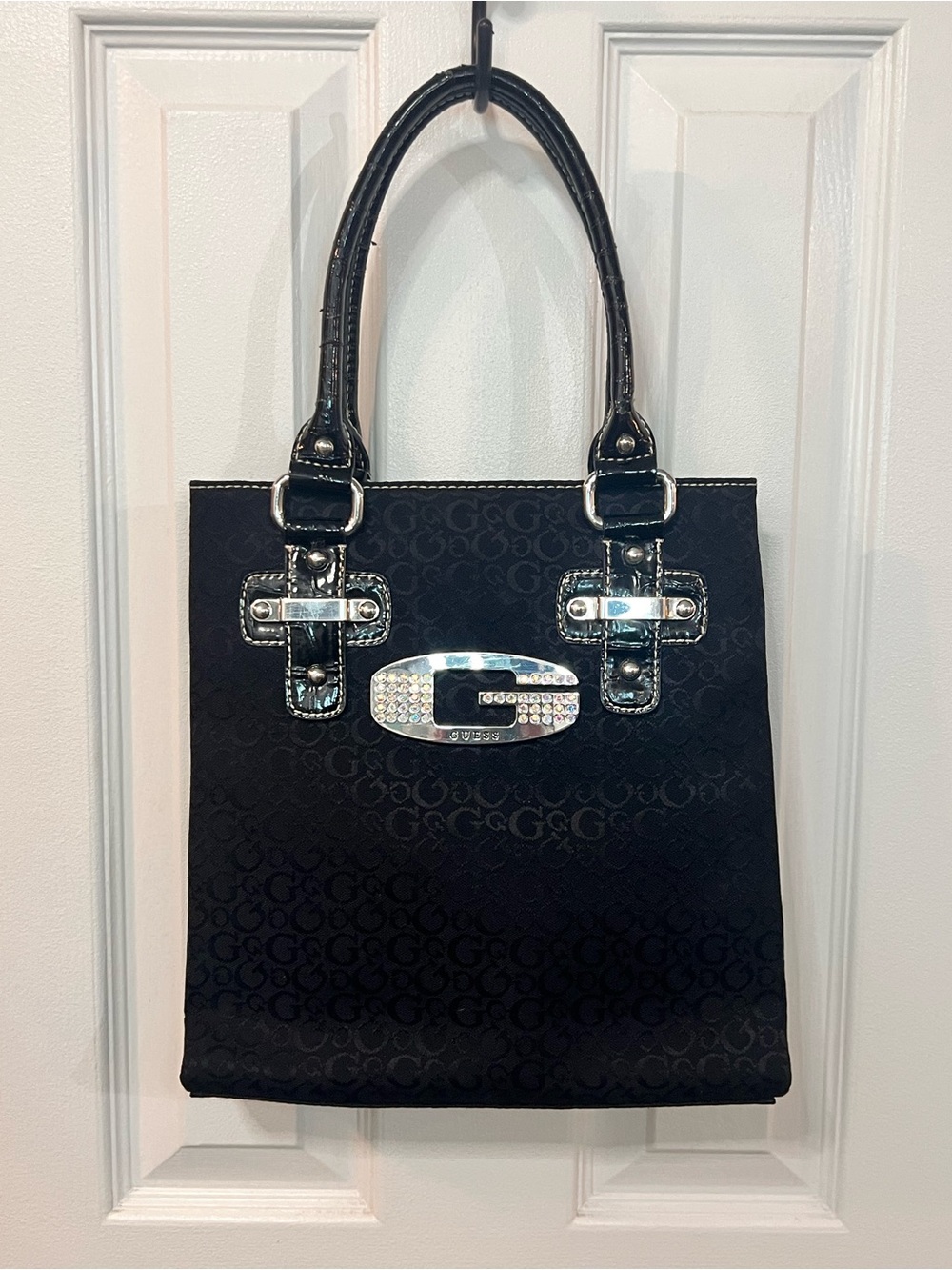 GUESS Tansy Satchel Bag Black Coal Monogram G Logo Rhinestone Y2K Handbag